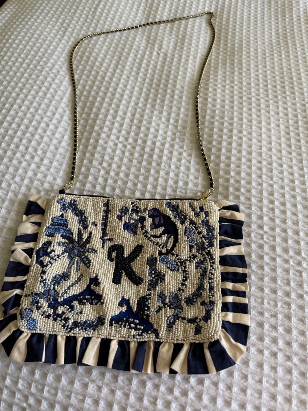 Anthropologie Navy and Cream Beaded Crossbody with K Initial